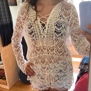 Knit Crochet Long Sleeve Top/Coverup